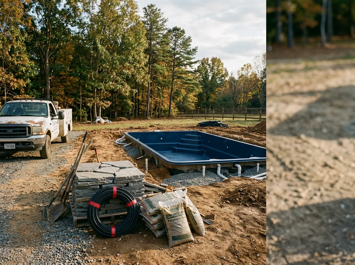 Outdoor workspace with pool installation equipment, hardscaping tools, and materials staged for residential project work.