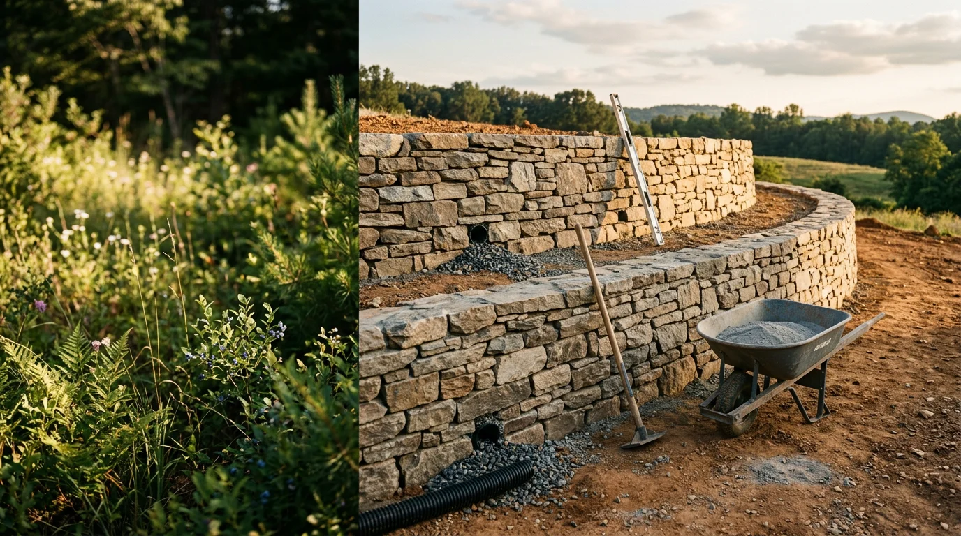 Retaining wall installation on a residential property in Lynchburg, Virginia