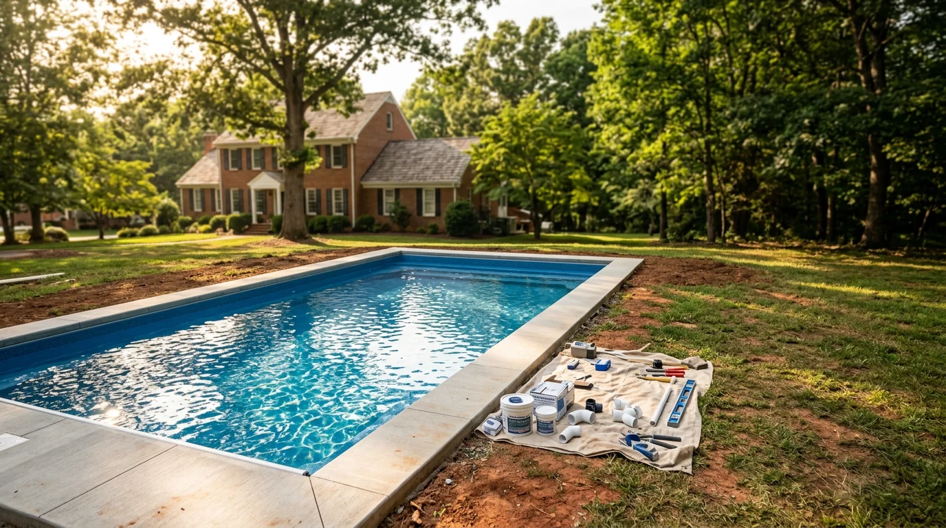 Fiberglass swimming pool installed in a residential backyard in Lynchburg, Virginia