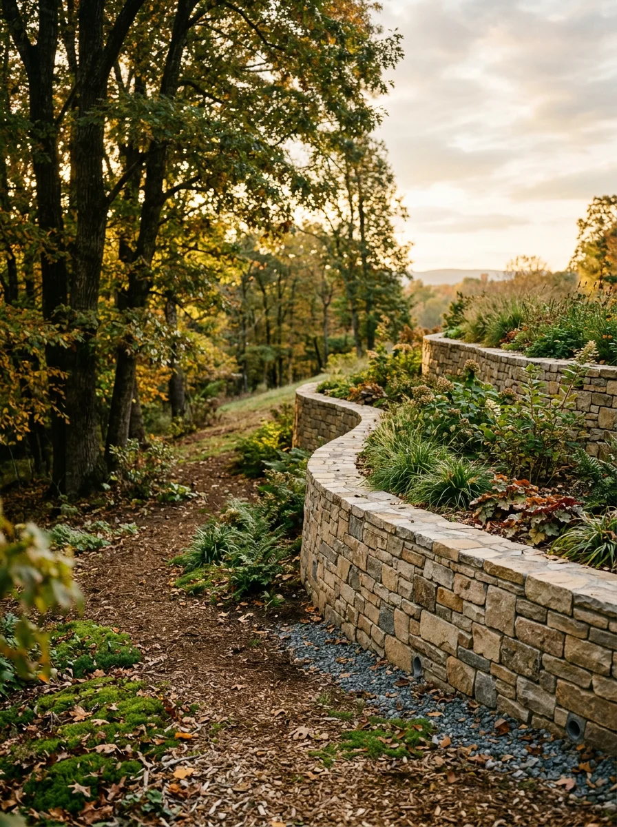 Log cabin kit assembled on a rural Amherst County, Virginia property, set among mature trees on a multi-acre lot with a retaining wall visible along the sloped yard edge.