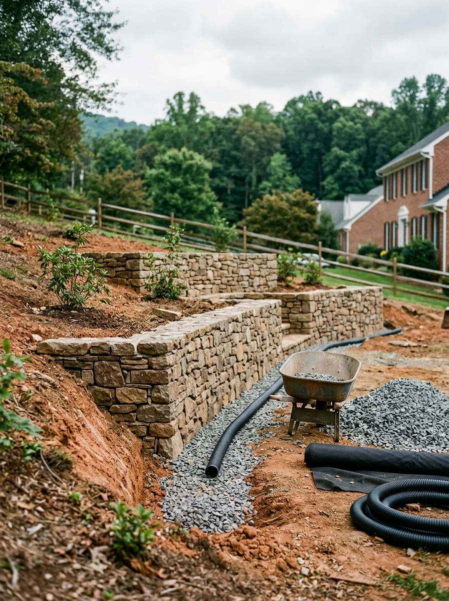Retaining wall and drainage work along a hillside home lot
