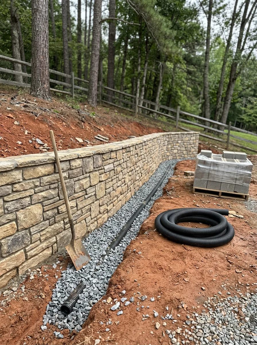 Retaining wall and drainage work on a sloped Piedmont lot in Campbell County, Virginia