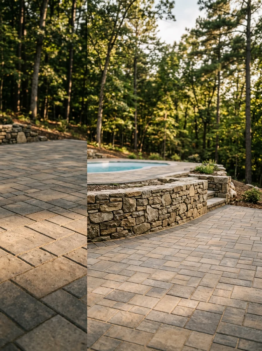 Paver patio and retaining wall on a sloped Bedford County lot in Forest, VA, showing the terraced outdoor living area adjacent to a fiberglass pool.