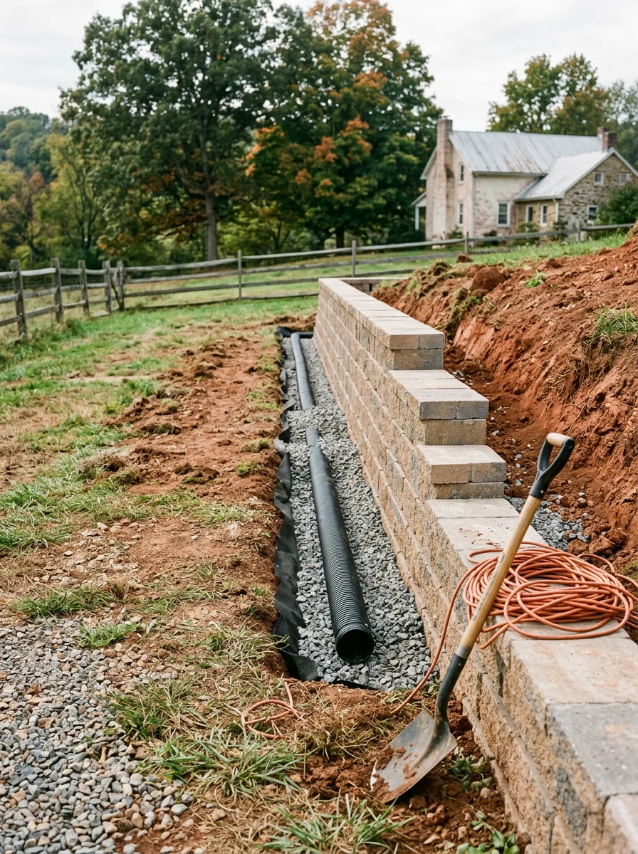 Retaining wall and drainage work on a rural Bedford County property in Huddleston, Virginia