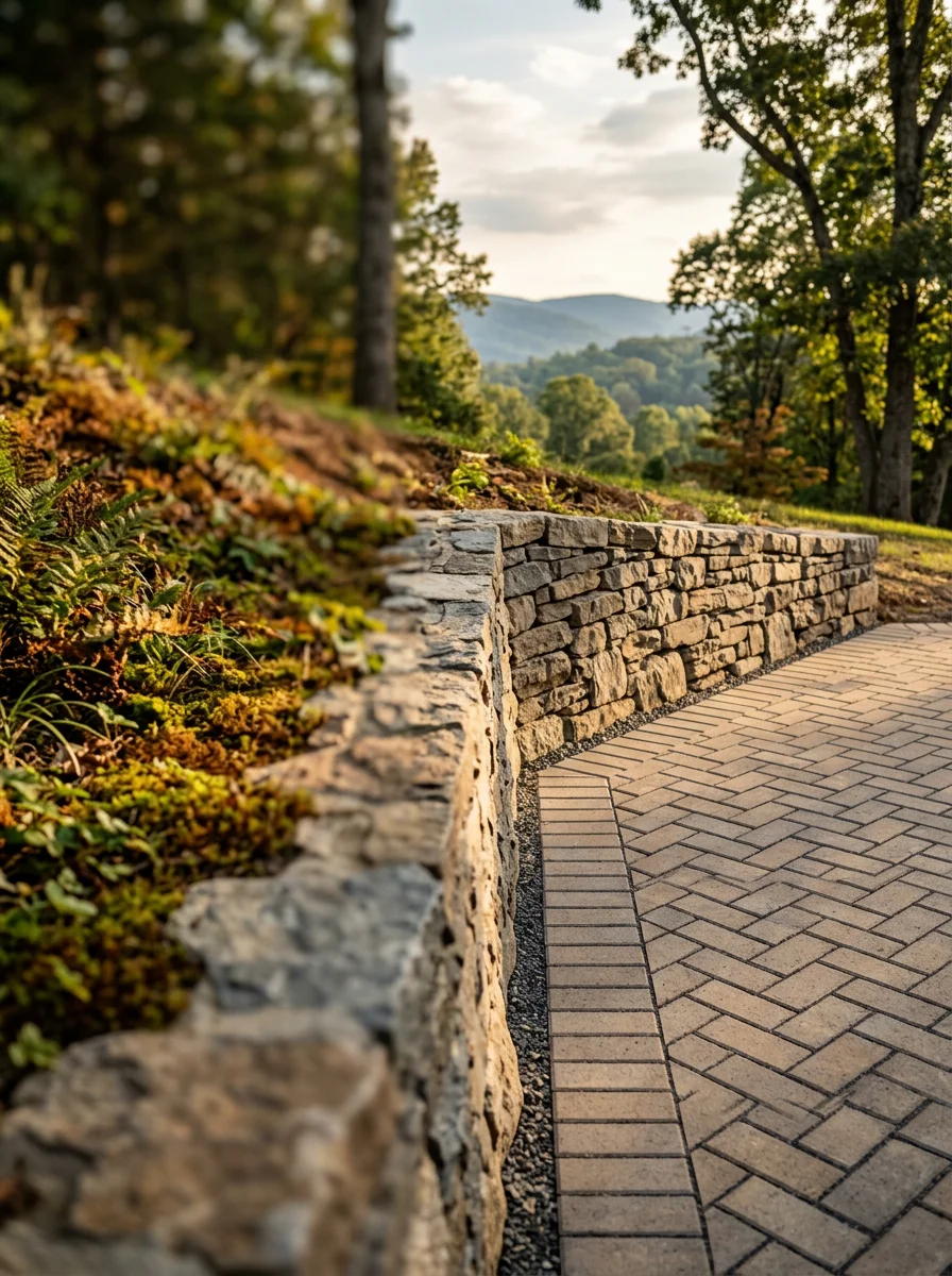 Close-up of a paver patio and retaining wall installation on a sloped residential lot in Lynchburg, VA, with Blue Ridge foothills visible in the background.