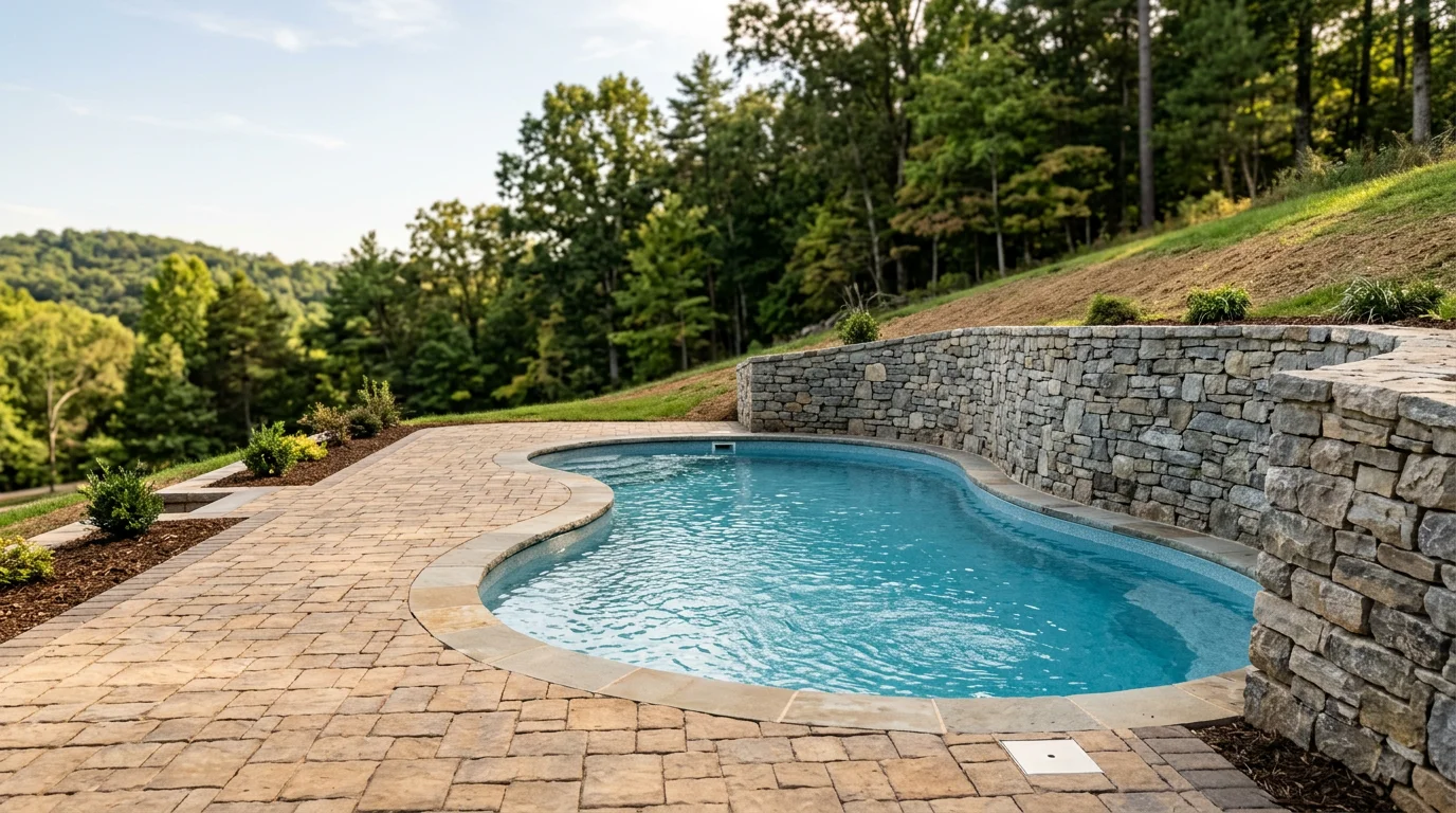 Fiberglass inground pool installed on a graded backyard lot in Lynchburg, Virginia, with a paver patio surround and a retaining wall holding the uphill slope.