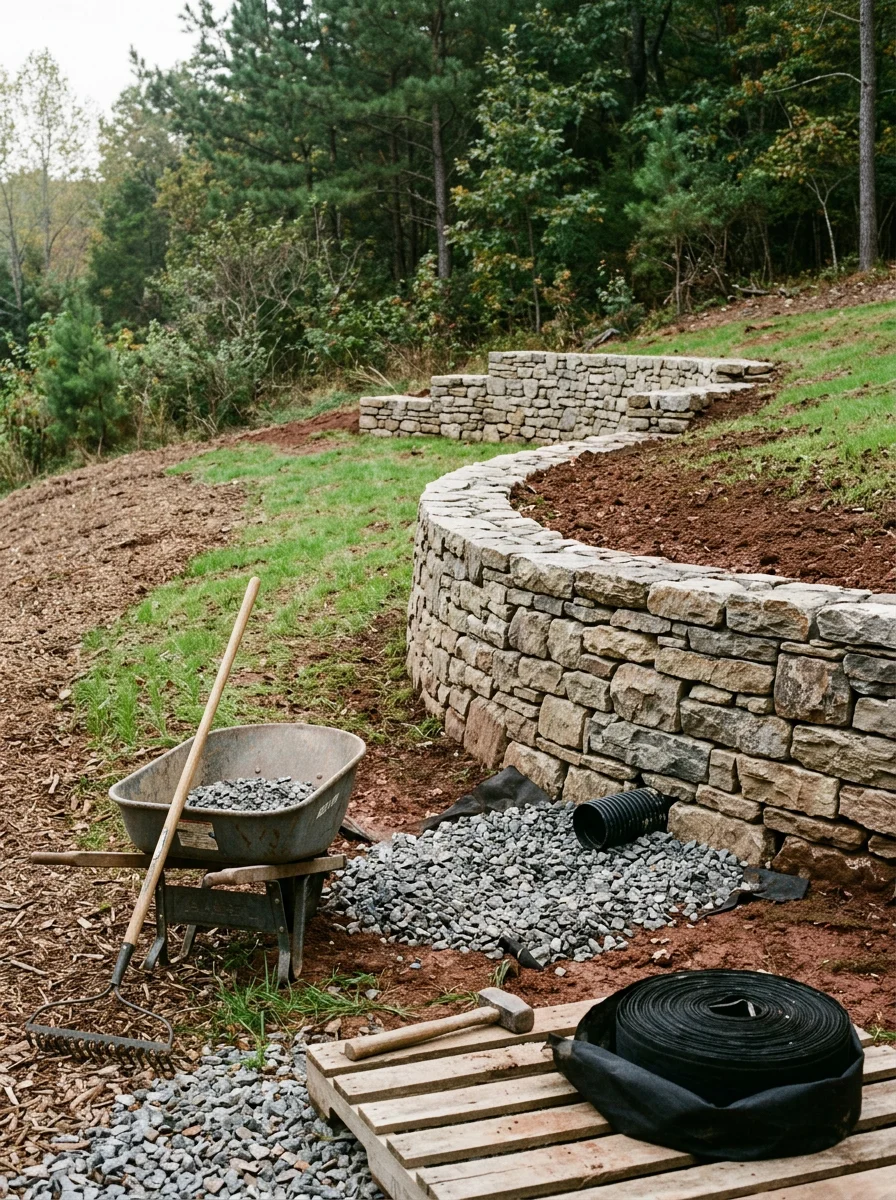 Stone retaining wall and drainage work on a residential slope in Bedford County, Virginia