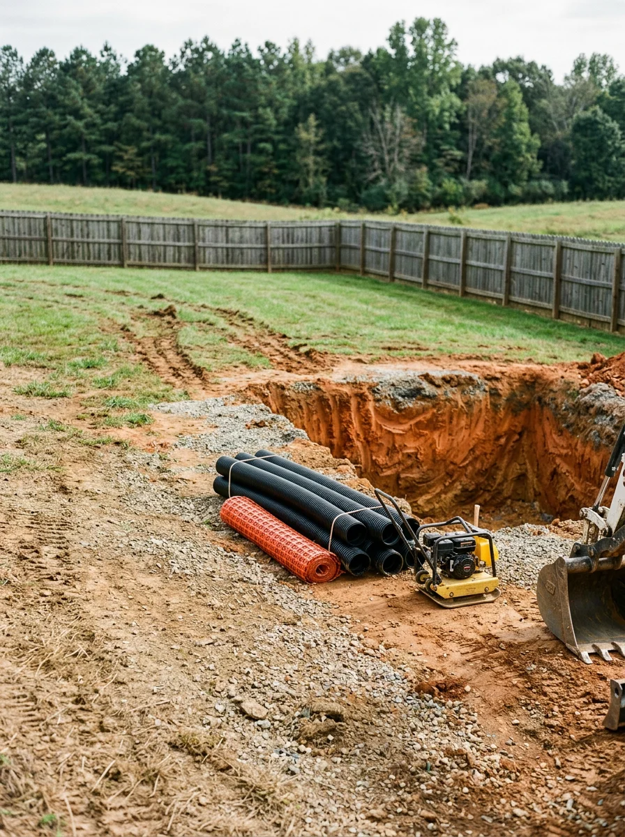 Fiberglass pool excavation and drainage work on a Campbell County property