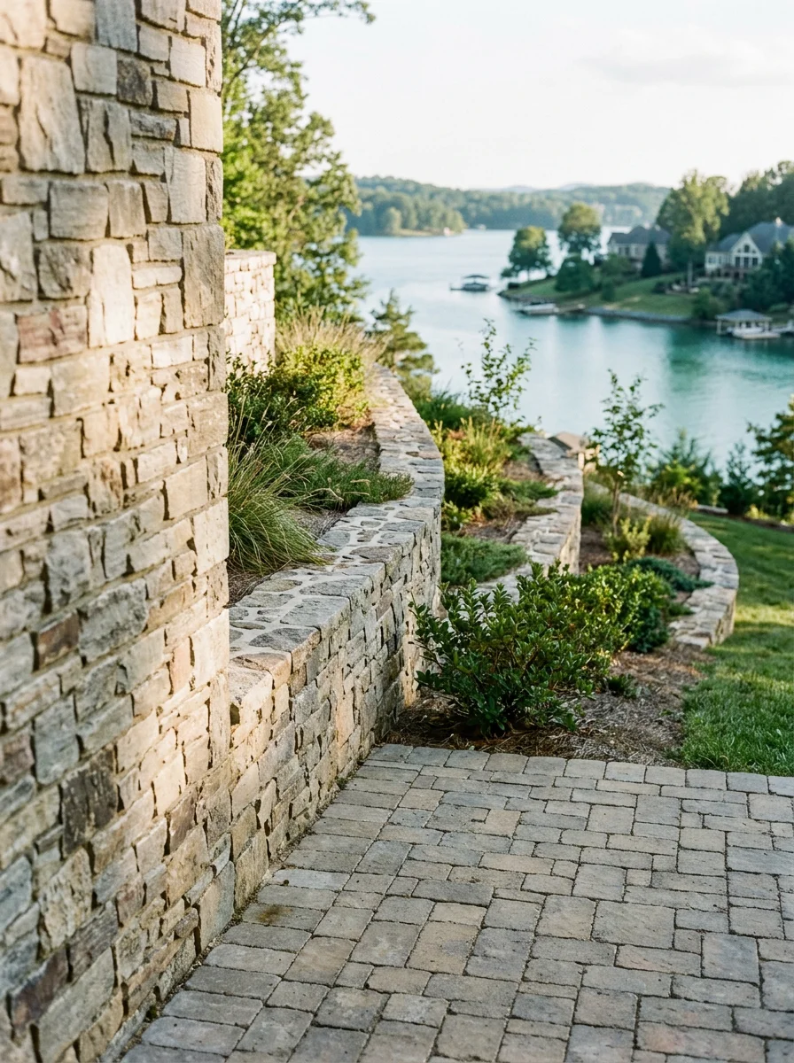 Stone retaining wall holding a graded slope on a Smith Mountain Lake property in Moneta, Virginia, with a paver patio surface and lakefront views beyond.