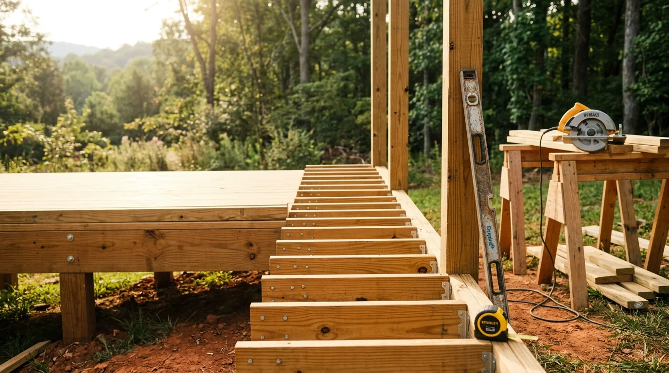 A newly built wood deck attached to a residential home in Lynchburg, Virginia, with clean railing lines and open backyard space beyond. The deck extends the home's living area into a landscaped yard typical of properties in the Lynchburg region.