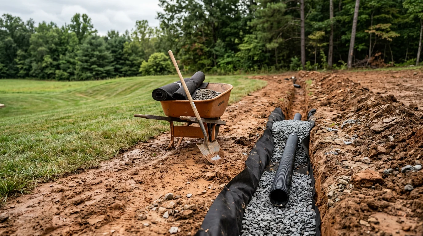 A graded backyard in Lynchburg, Virginia with a newly installed drainage channel directing water away from a home's foundation and landscaped lawn area. The yard is dry and level following a drainage solution project by Russell Pools and Landscapes.