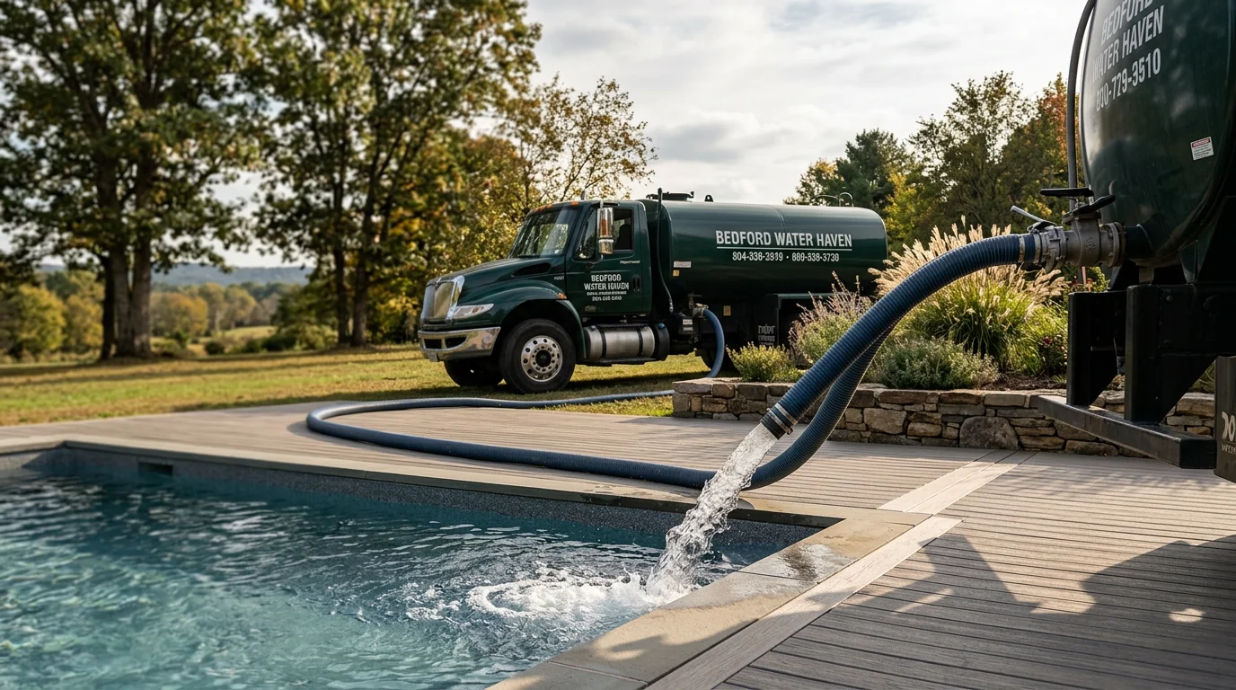A bulk water delivery tanker truck filling a residential in-ground swimming pool in a finished backyard in Lynchburg, Virginia. The surrounding patio and landscaping remain undisturbed during the fill.