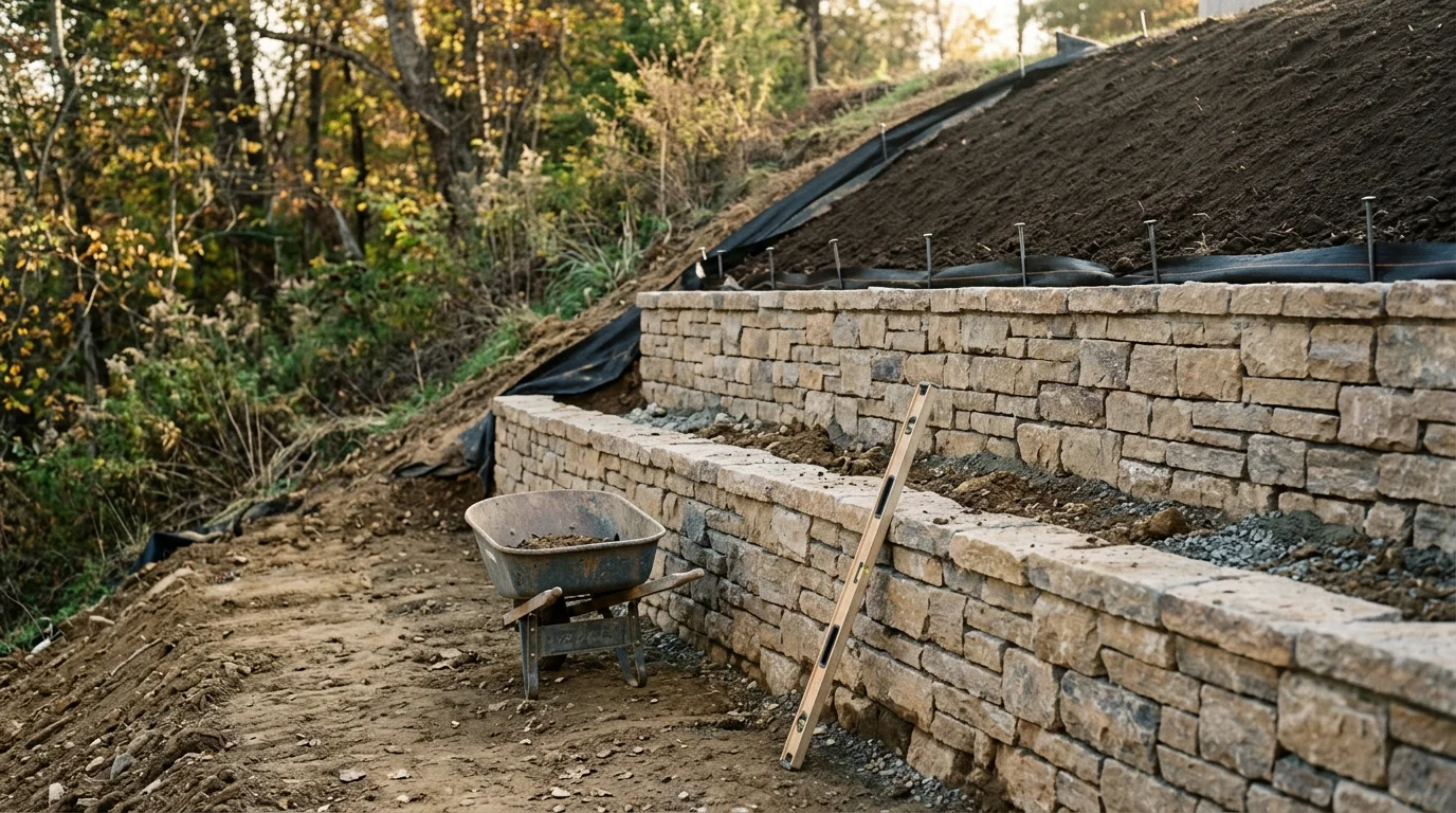 A stabilized residential backyard slope in Lynchburg, Virginia with established ground cover and graded soil preventing runoff. The surrounding lawn and landscaping remain intact after heavy rain.