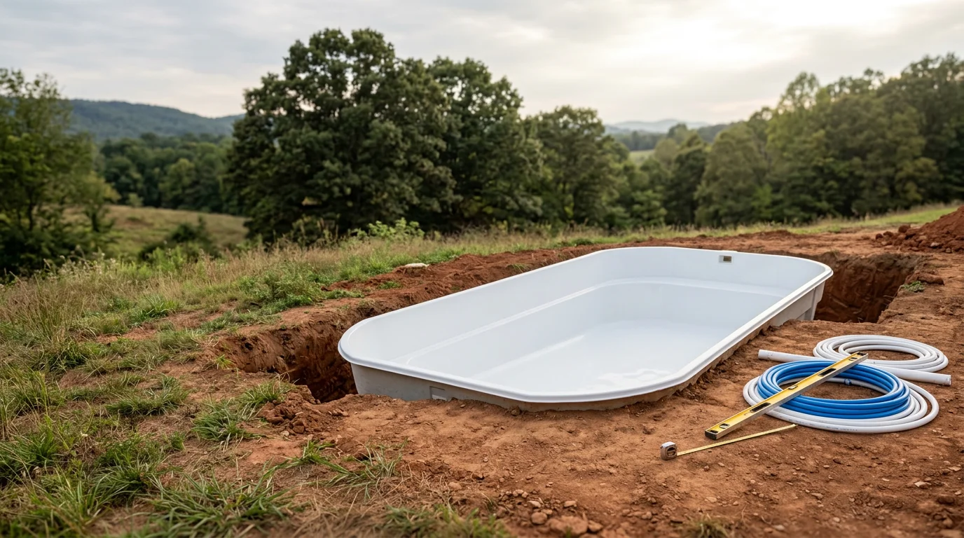 A completed fiberglass inground pool installed in a residential backyard in Lynchburg, Virginia, surrounded by finished landscaping and a paved pool deck. The pool shell sits level within a graded yard with the Blue Ridge foothills visible in the background.