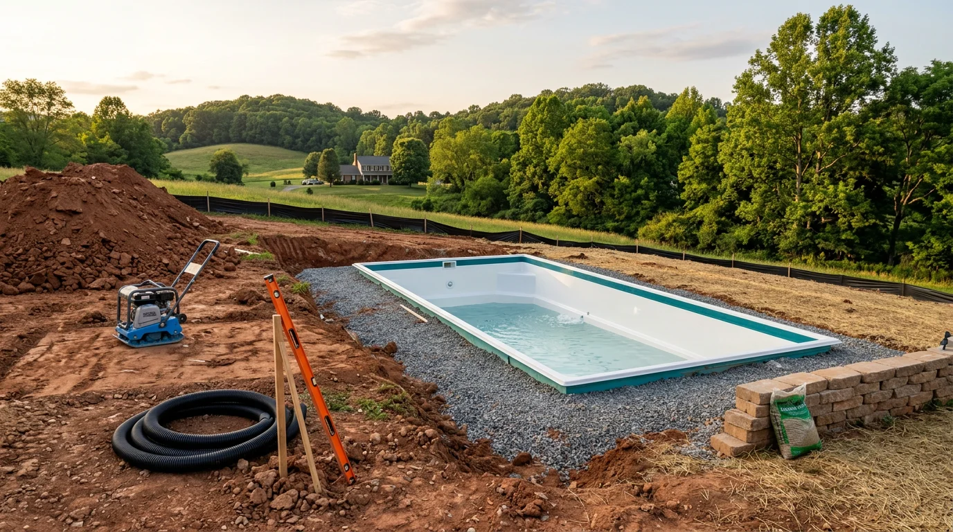 A completed fiberglass inground pool with surrounding landscaping in a residential backyard in Lynchburg, Virginia. The pool features a smooth interior finish and is bordered by finished decking and planted beds.