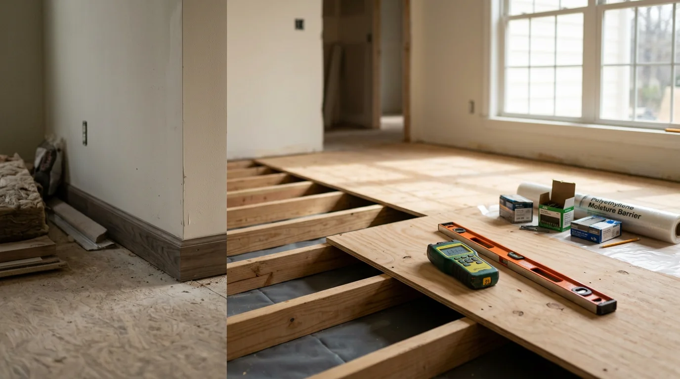 Freshly installed flooring in a Lynchburg, Virginia home interior, showing a clean, smooth surface in a well-lit living space. The finished floor reflects natural light and connects to an updated room ready for everyday use.