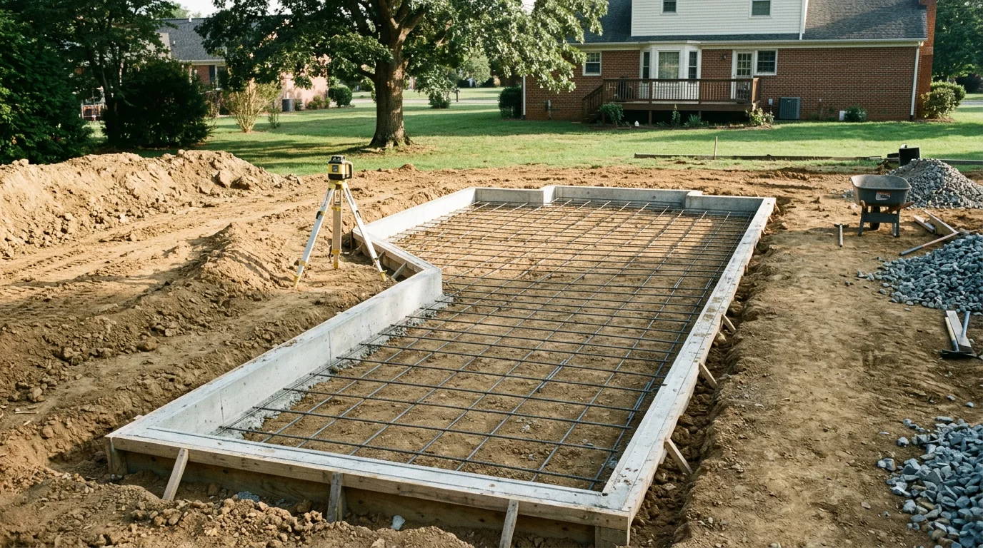 A graded and prepared backyard lot in Lynchburg, Virginia, showing cleared ground and structural groundwork ready for pool installation and landscaping. The hilly terrain of the surrounding area is visible in the background.