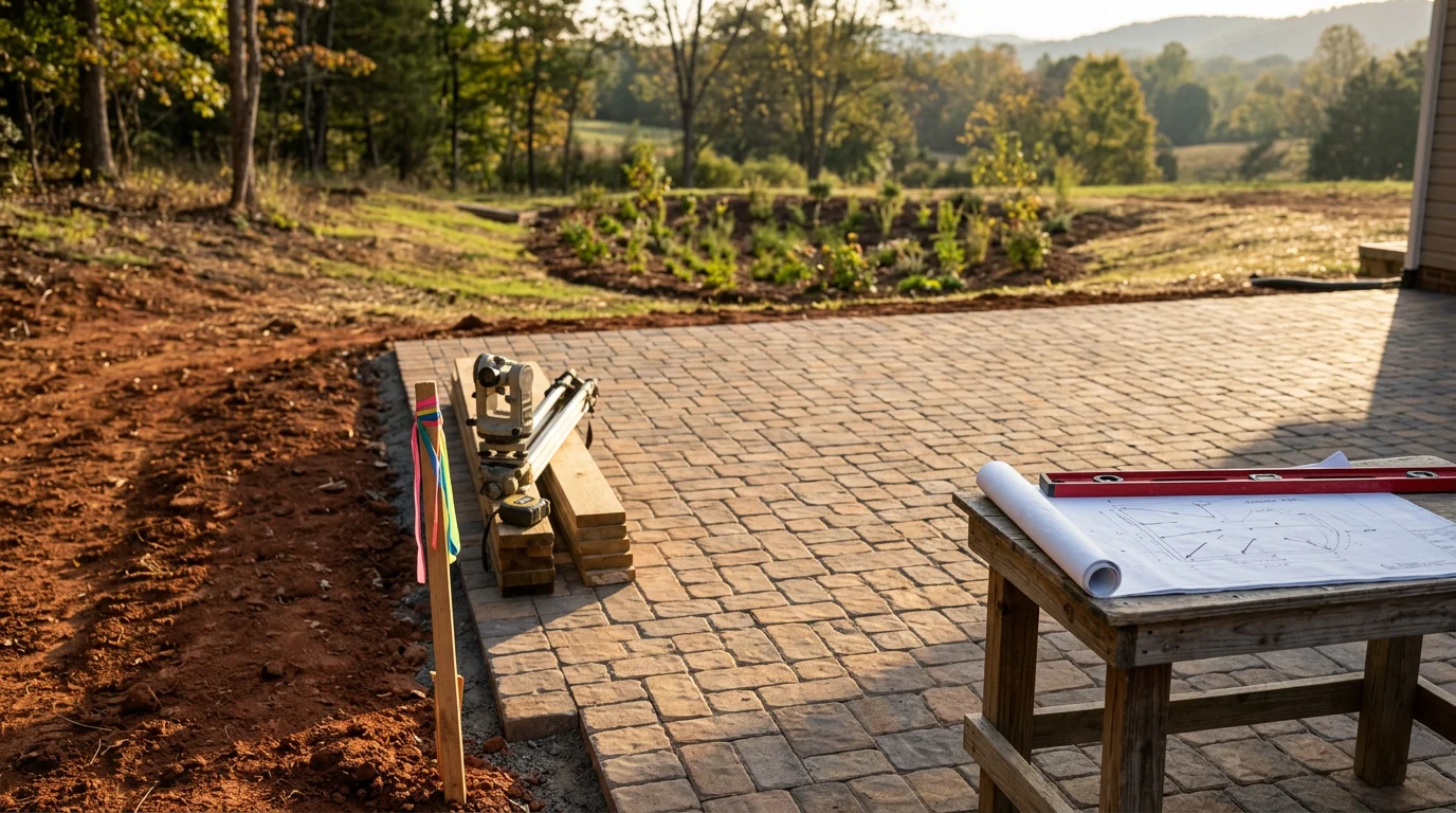 A planned hardscape layout in a Lynchburg backyard showing a structured outdoor living area with defined zones for seating and landscaping. The design incorporates grading and level changes suited to Central Virginia's sloped residential lots.