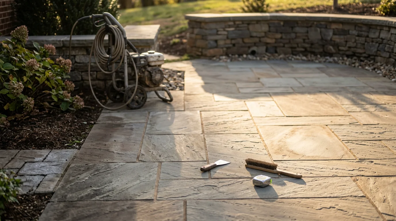 A clean paver patio and stone retaining wall in a Lynchburg backyard after professional hardscape maintenance. Joints are tight, the surface is free of debris, and the surrounding landscape is tidy.