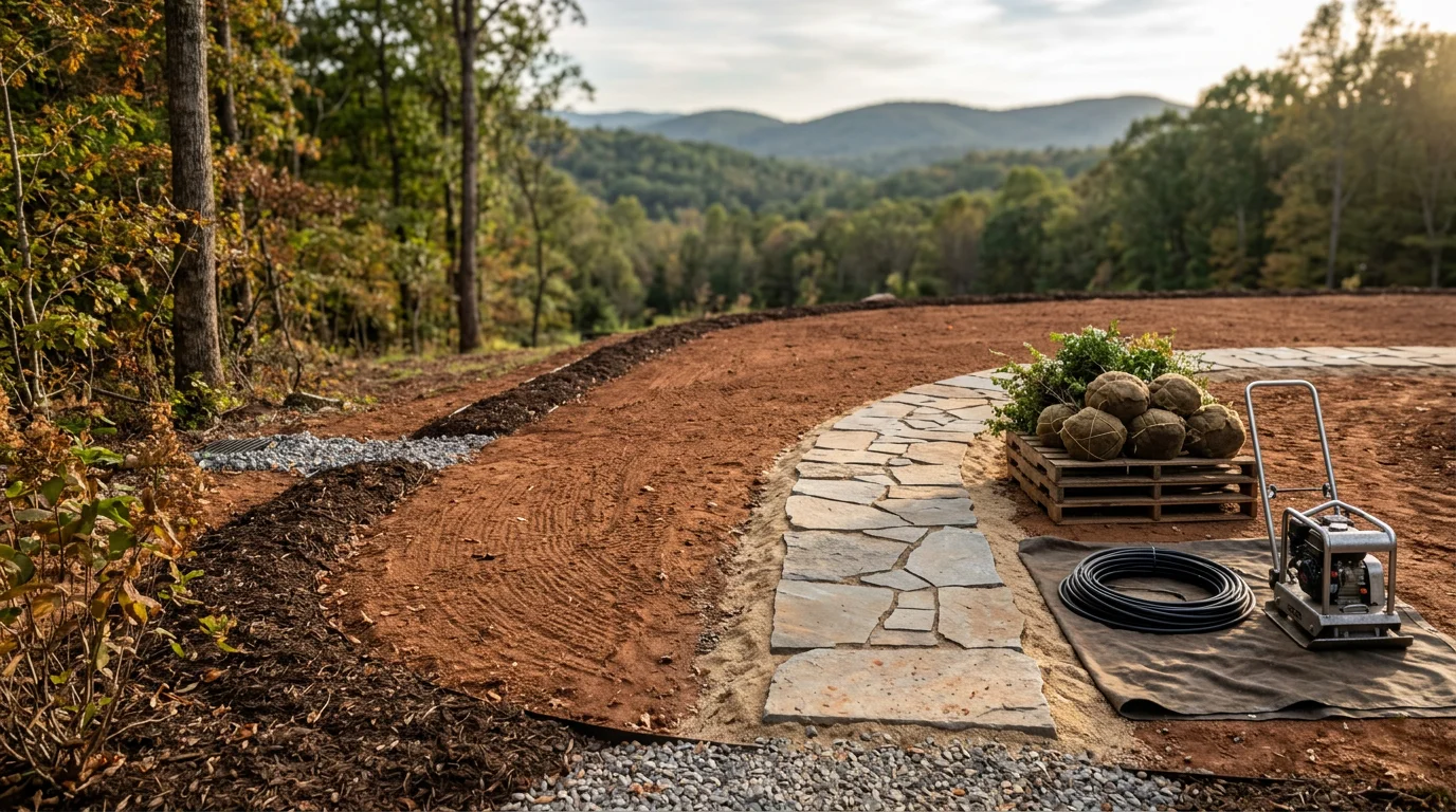 A finished backyard landscape design in Lynchburg, Virginia, showing layered planting beds, a defined patio area, and a retaining wall on a sloped residential lot. The design connects outdoor living space with the surrounding yard in a cohesive, low-maintenance layout.