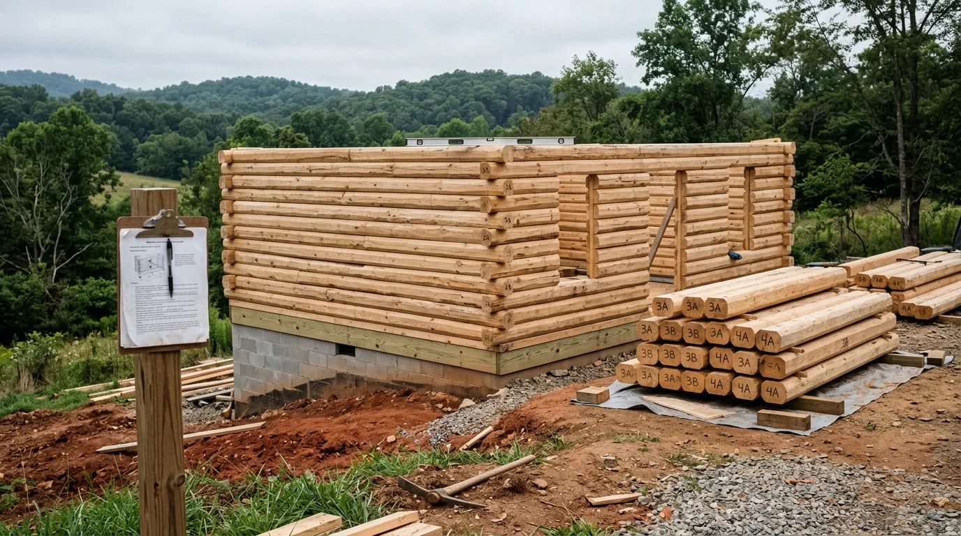 A completed log cabin kit structure standing on a residential lot in Lynchburg, Virginia, with stacked log walls, a secured roof frame, and a level foundation base visible at the perimeter.