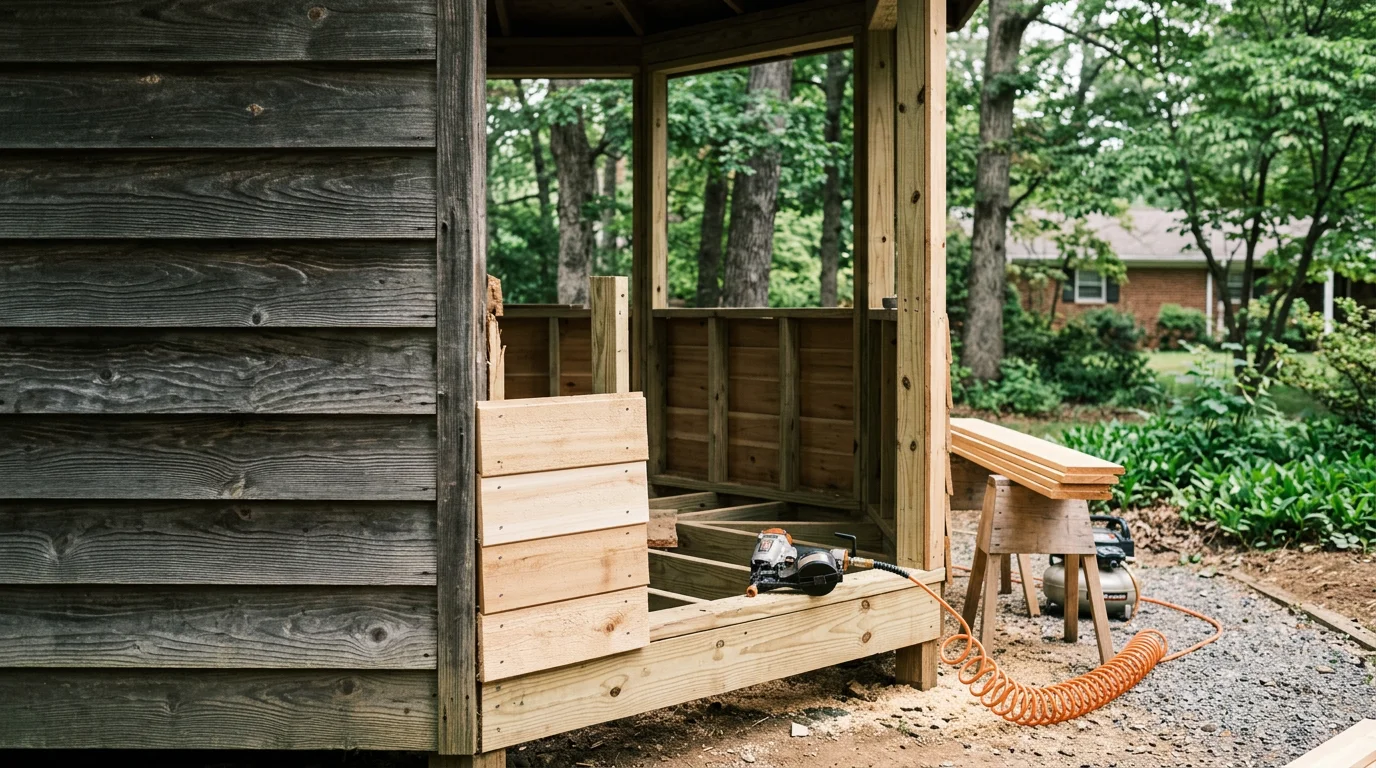A repaired outdoor shed in a Lynchburg backyard with restored wood siding and a sound roofline. The structure sits on a level base surrounded by a maintained lawn.