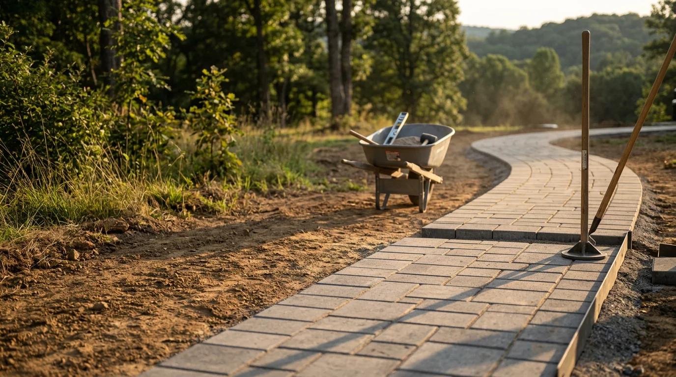 A finished outdoor walkway installed by Russell Pools & Landscapes, connecting a backyard pool area to a landscaped yard on a gently sloped Lynchburg property. The path features clean edges and a level surface suited to the hilly Central Virginia terrain.