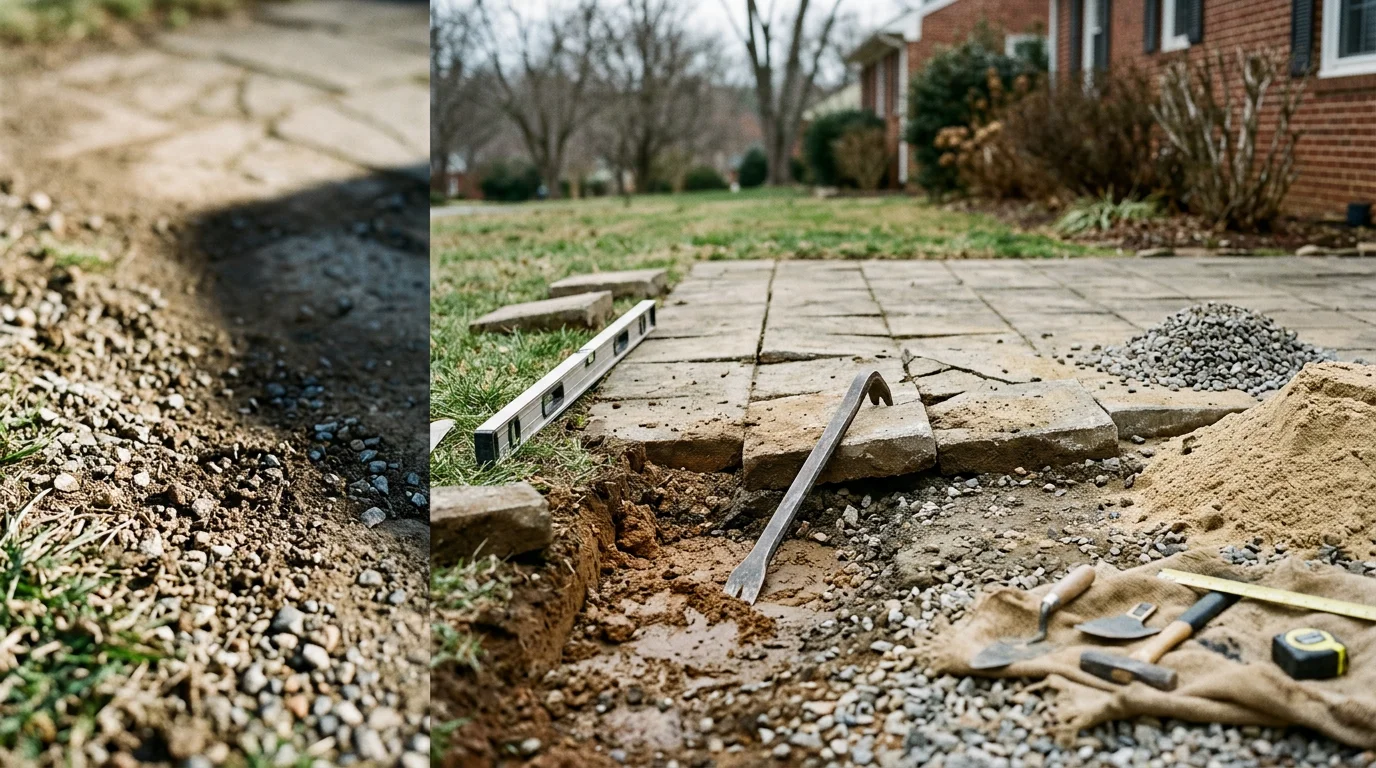 A repaired paver patio in Lynchburg, Virginia with re-leveled stones and tight joints, set behind a residential home. The surface is flat, even, and ready for outdoor use.