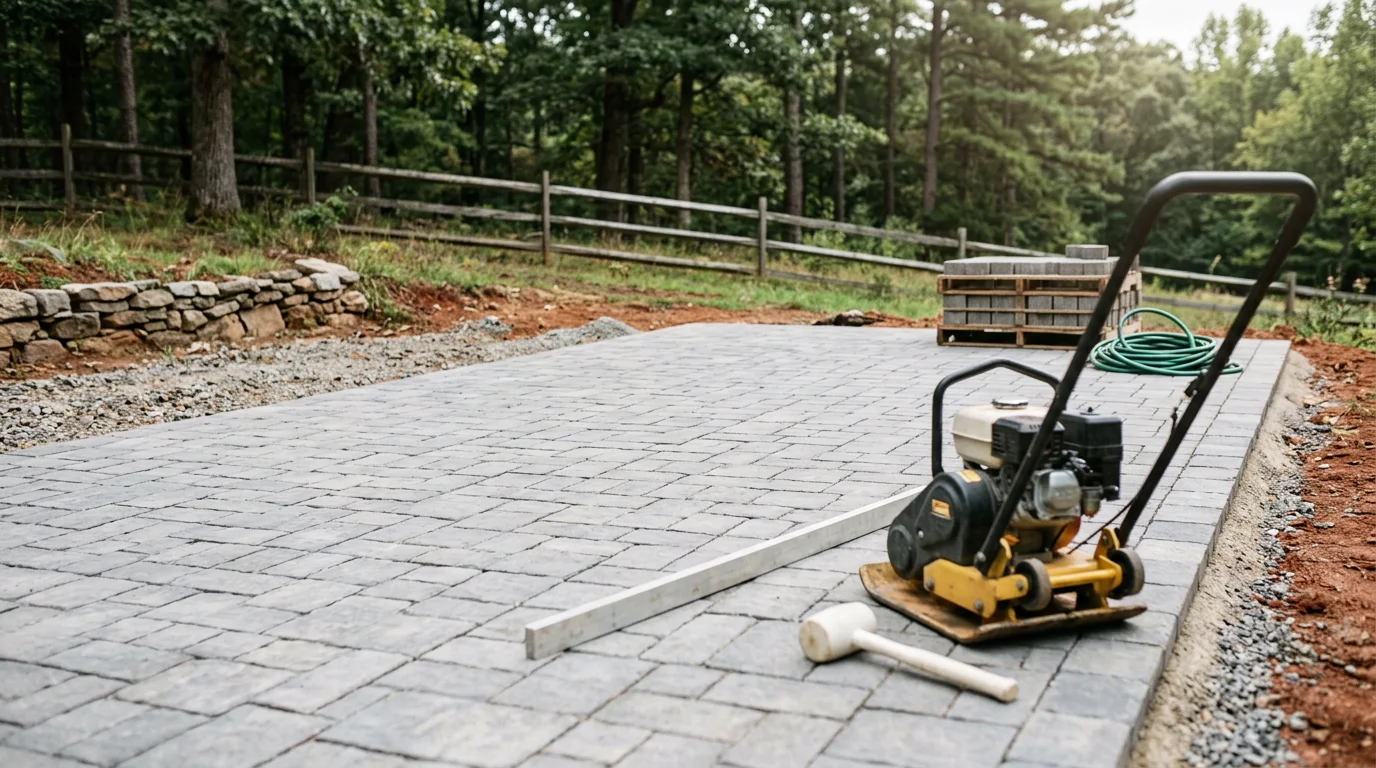 Newly installed paver patio in a Lynchburg backyard, showing a clean geometric layout with tight joints and a smooth transition to the surrounding lawn. The surface is level and ready for outdoor furniture, with a pool surround visible in the background.