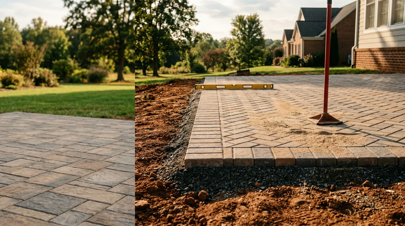 Completed paver patio installation in a Lynchburg backyard, showing a level interlocked paver surface with finished joints and a clean edge where the patio meets the surrounding lawn.