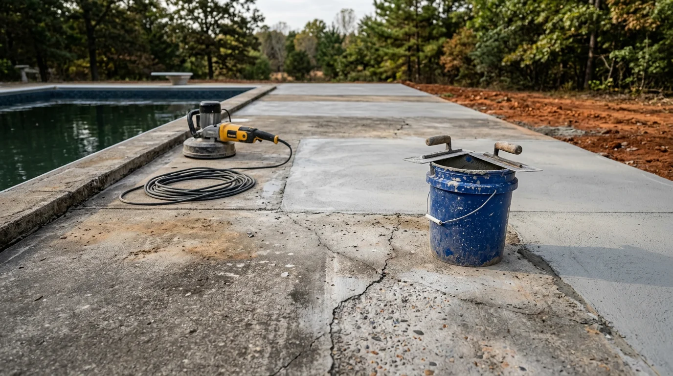 A repaired concrete pool deck surrounding a residential in-ground pool in Lynchburg, Virginia, showing a smooth, level surface with no visible cracks or uneven sections. The finished deck connects cleanly to the pool edge with a well-maintained backyard setting.