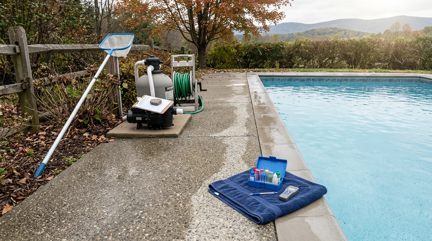 A pool inspector examining the coping and deck surface of a residential inground pool in Lynchburg, Virginia. The pool shell and surrounding equipment pad are visible in a backyard setting.