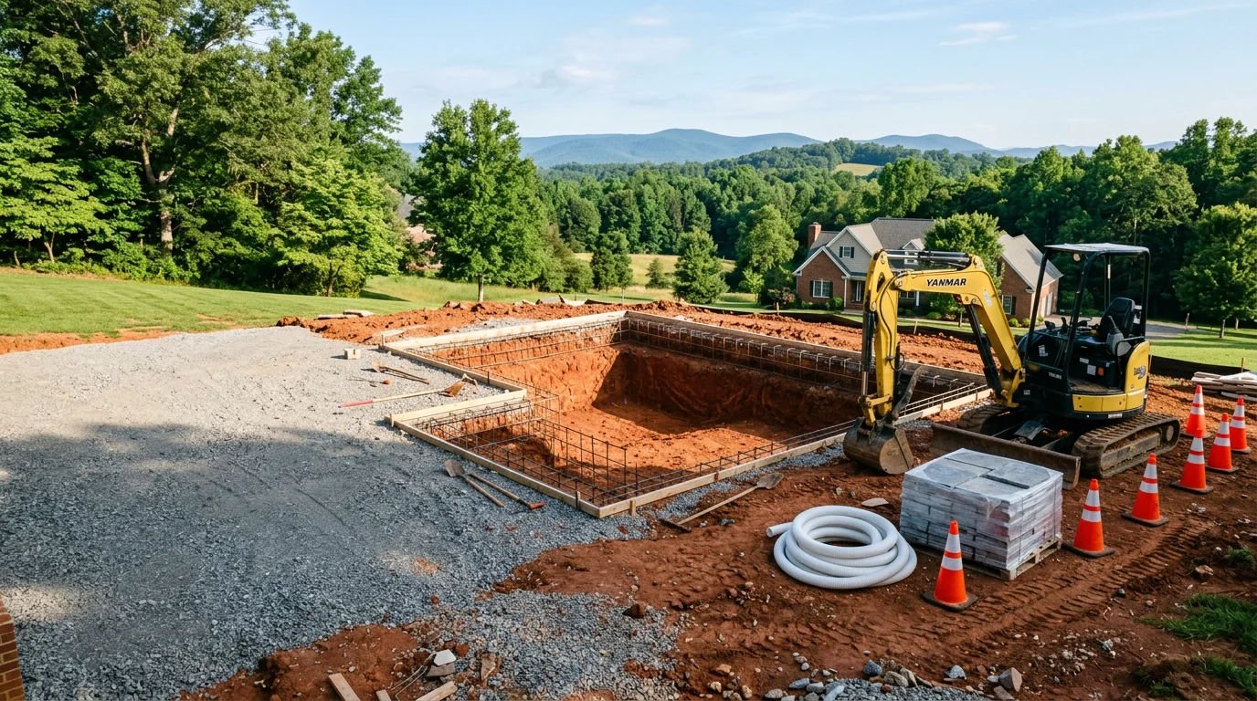 A newly installed inground pool in a Lynchburg-area backyard, surrounded by finished landscaping and a clean pool deck. The yard transitions from the pool edge into graded lawn, showing a complete outdoor space ready for use.