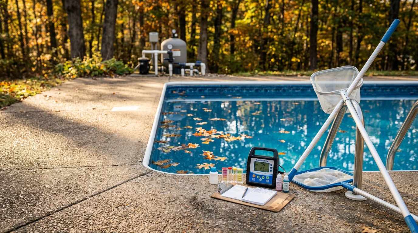 A clean, clear residential swimming pool in a landscaped backyard in Lynchburg, Virginia, with balanced water and well-maintained surrounding hardscape. A pool technician checks equipment near the pool deck during a routine maintenance visit.