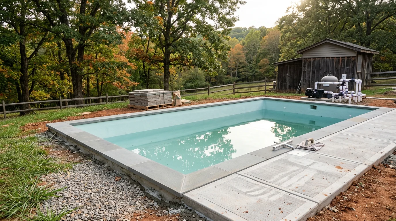 A renovated inground pool in a Lynchburg backyard with fresh interior surfacing, updated coping, and a clean surrounding deck. The pool area connects to landscaped yard space managed as part of a full backyard renovation project.