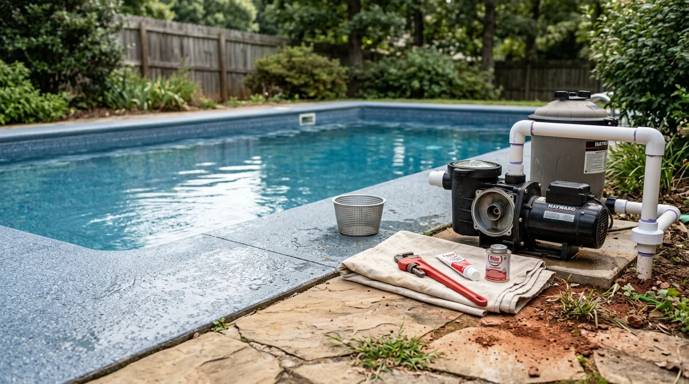 A residential swimming pool in Lynchburg, Virginia with a repaired plaster surface and clear water, surrounded by a clean concrete deck on a sunny day. A pool technician inspects the pump equipment housed in a side enclosure next to the pool.