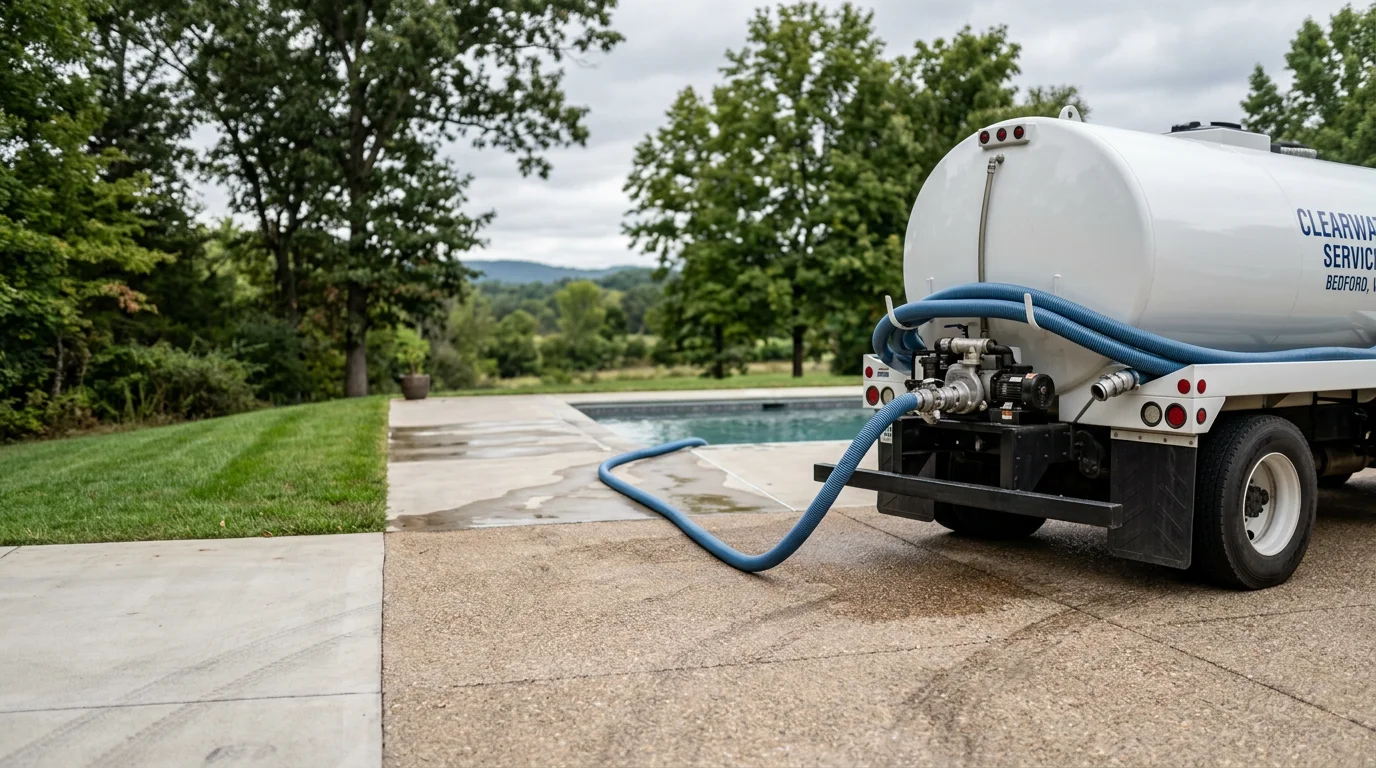 A water delivery tanker truck filling a newly installed in-ground pool at a residential property in Lynchburg, Virginia. The pool shell is clean and empty before the bulk water fill begins.