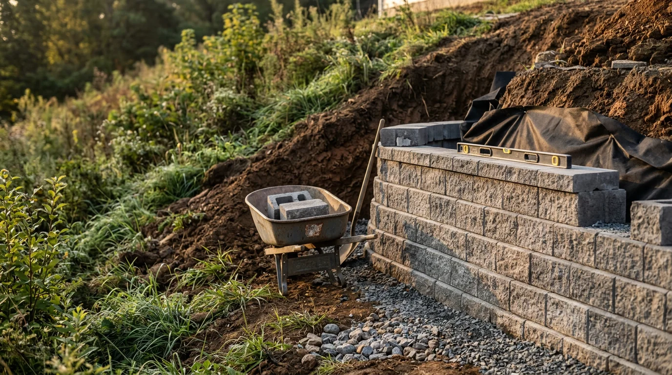 A newly installed multi-tiered retaining wall on a sloped residential backyard in Lynchburg, Virginia, creating level planting beds and a flat lawn area below. The wall runs along a graded hillside with fresh landscaping visible on each terrace level.