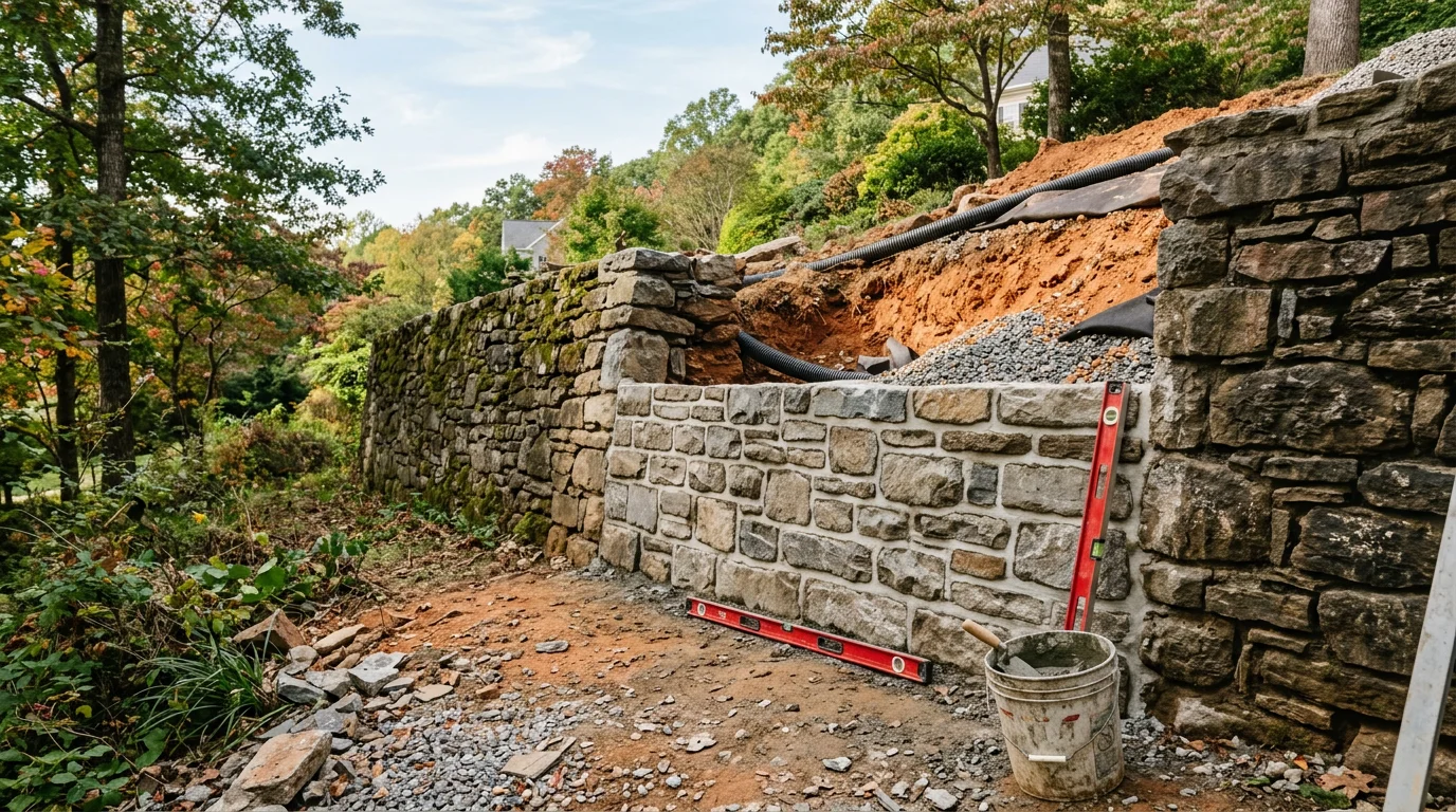 A repaired stone retaining wall on a sloped residential lot in Lynchburg, Virginia, with restored block alignment and compacted soil behind the wall. The surrounding lawn and landscaping remain intact after the repair work.