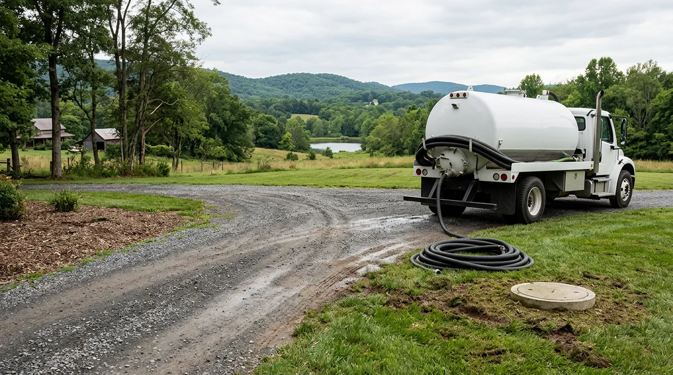 A water hauling truck parked beside a residential property in the Lynchburg, Virginia area with a septic tank access point open in the foreground. The surrounding yard shows a rural setting typical of homes in Forest or Amherst served by onsite septic systems.