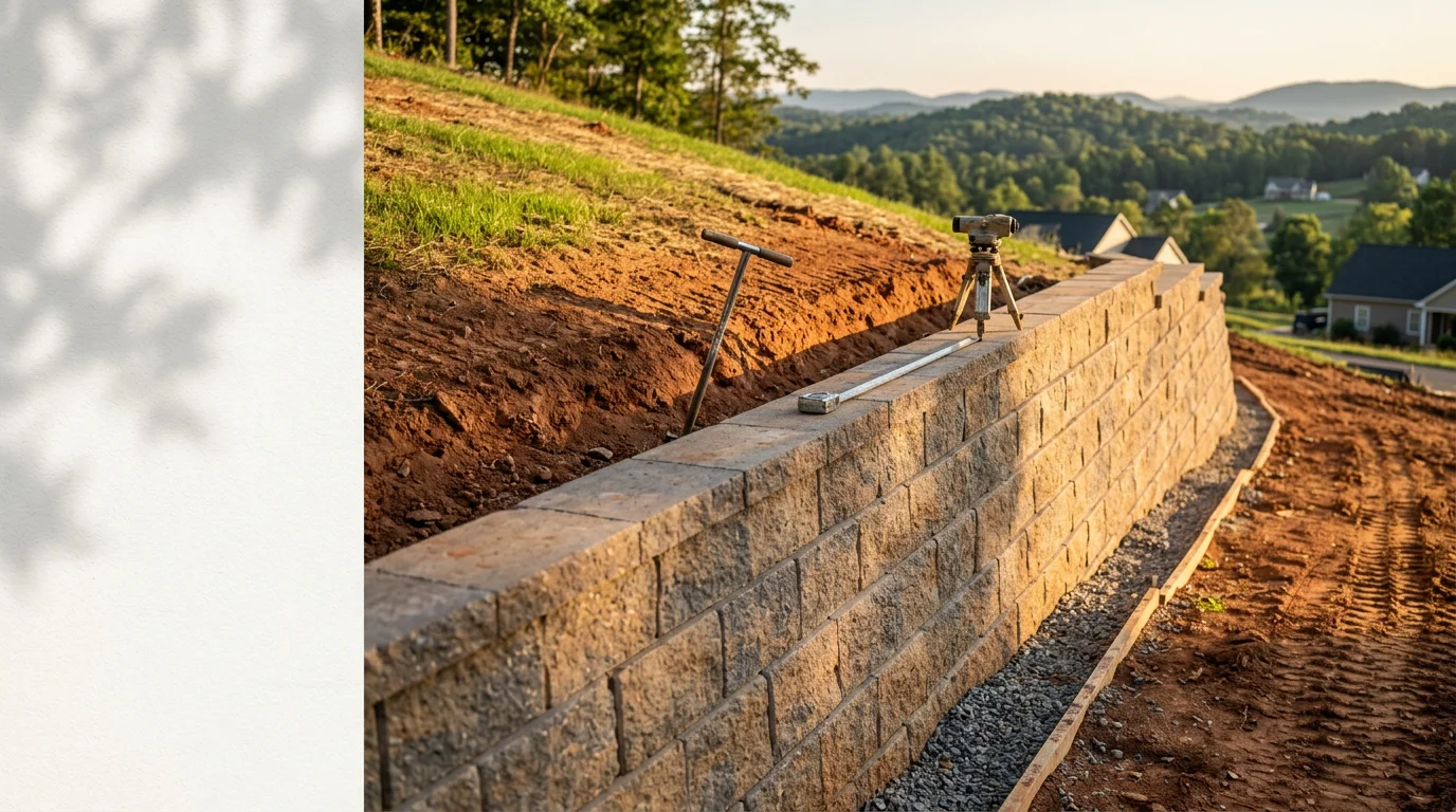 A stabilized residential hillside in Lynchburg, Virginia with structured ground cover and graded soil preventing runoff on a sloped backyard. The slope transitions cleanly into a flat usable lawn area below.